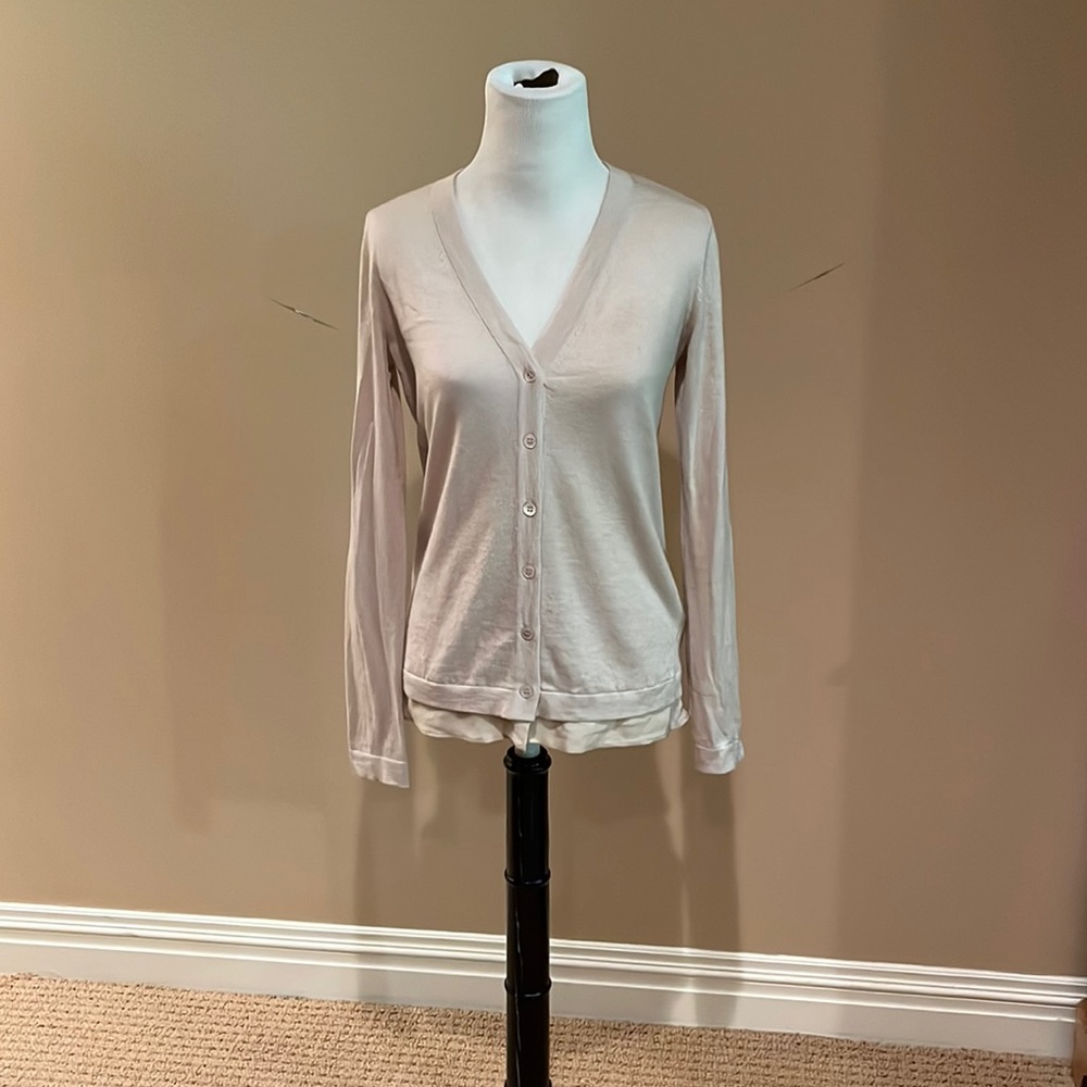Neiman Marcus tan cashmere button up top